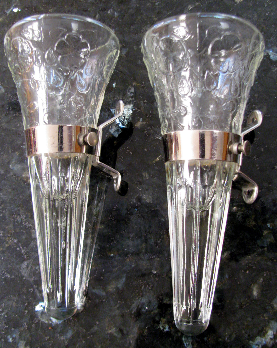 Vintage Glass Car Vases (2)+Metal Bracket Holders/Blossoms & Band/Dugan