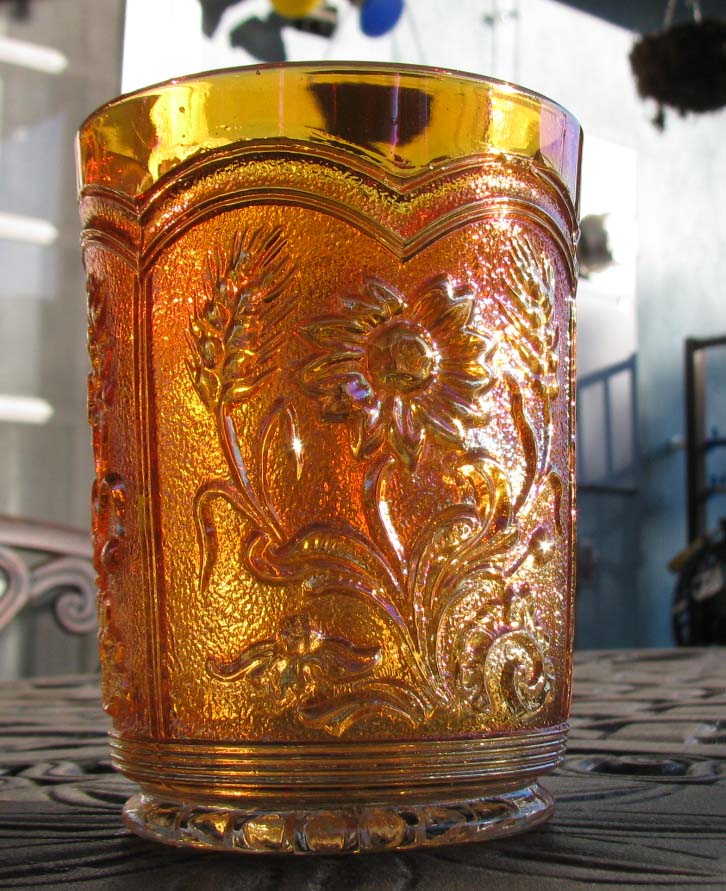 Imperial Field Flower Marigold Carnival GlassTumbler, 1920s