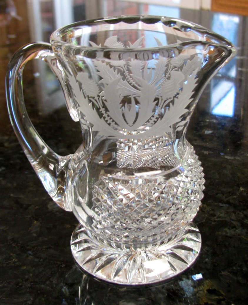 Edinburgh Scotland Thistle Etched Design * Cut Glass Crystal Pitcher