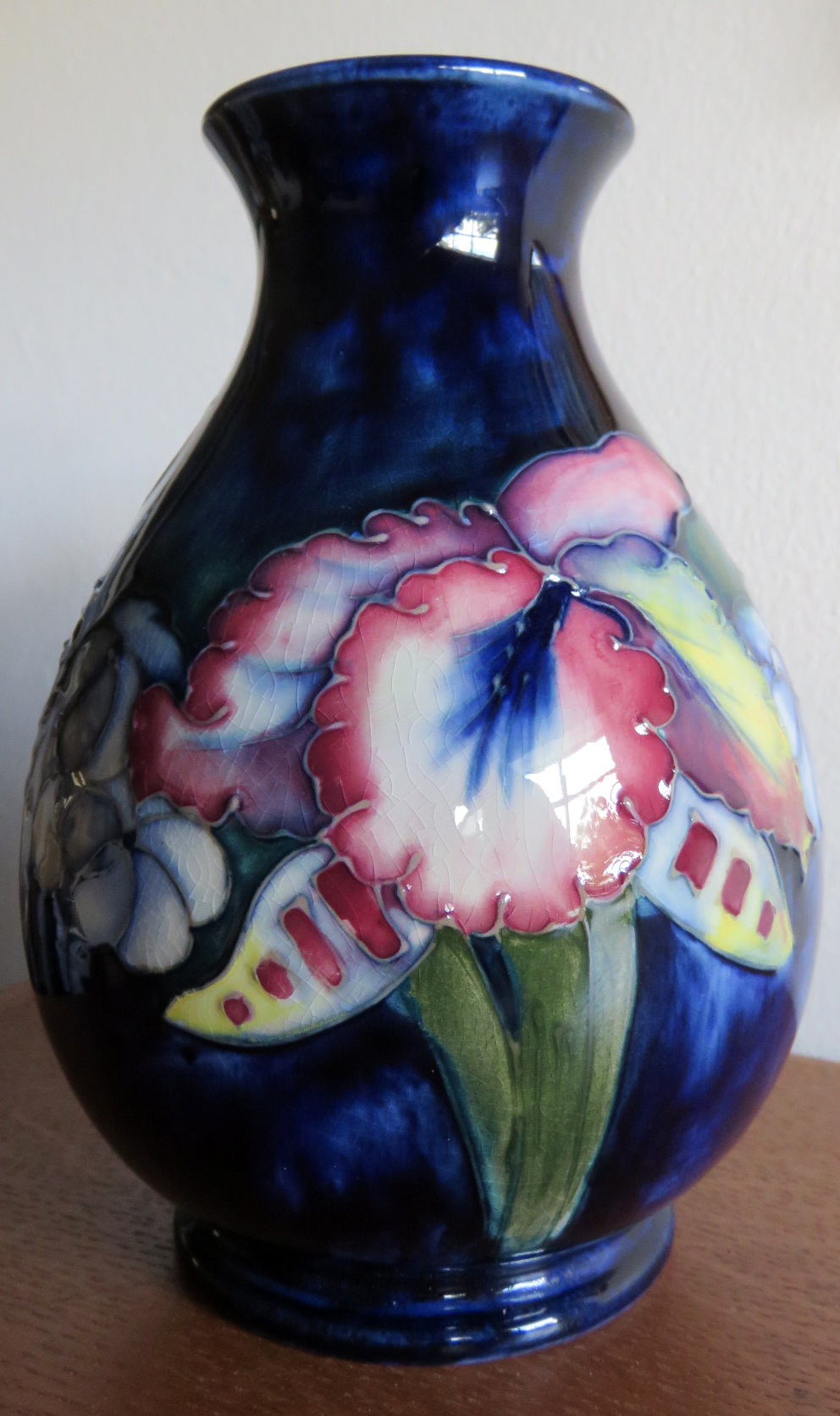 William Moorcroft Orchid on Cobalt Blue 6 1/4 inch Vase